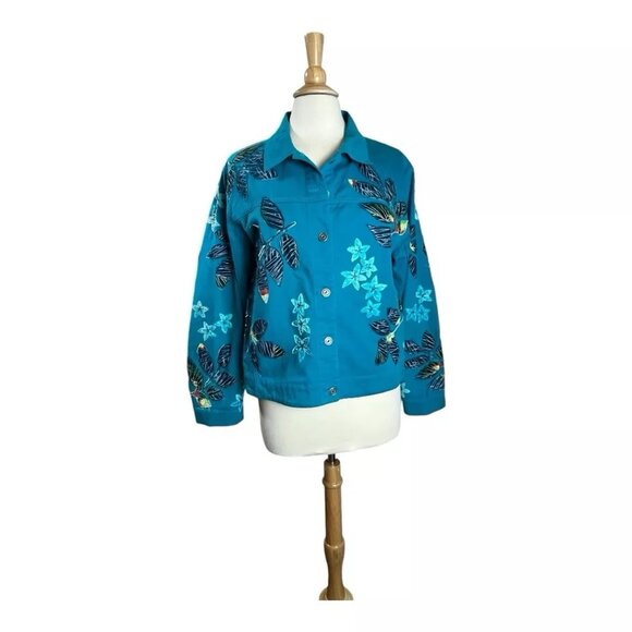 Chico's Design Jacket 2 M Denim Silk Embroidered Floral Hawaiian Parrot Bead VTG - Picture 2 of 11